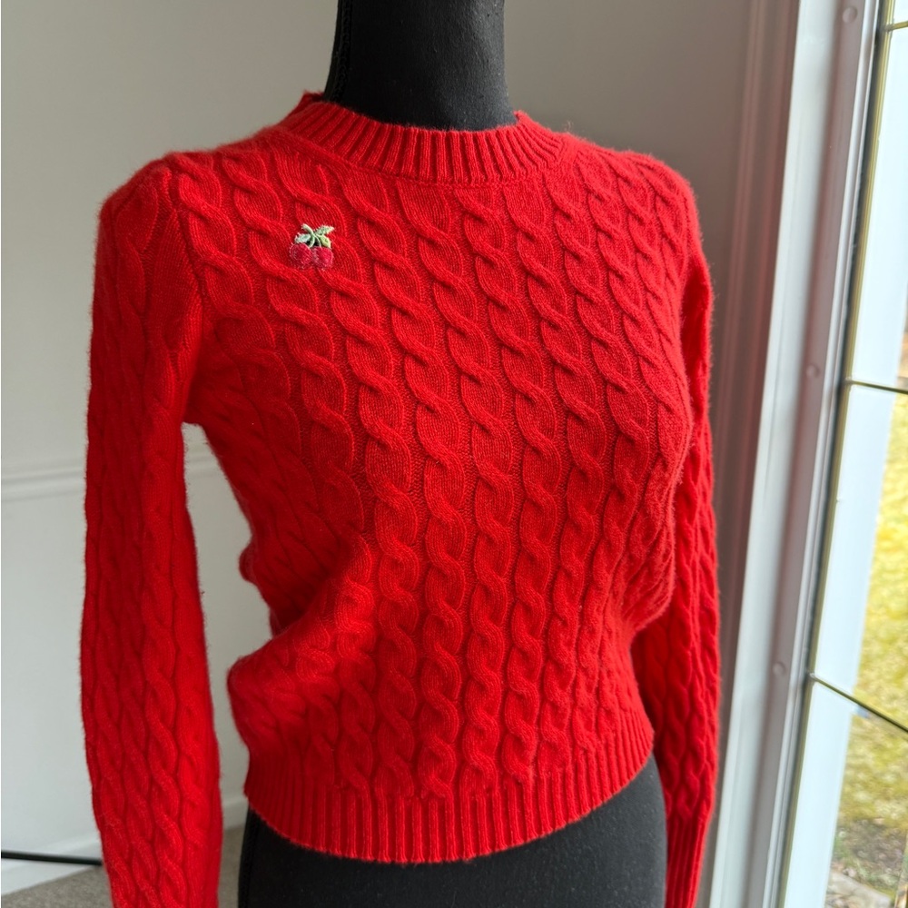 J.Crew 100%‎ Cashmere Red Cable-Knit Crewneck Sweater Cherry Embroidery XS/S